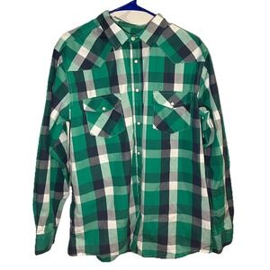 Men's Western Pearl Snap Button‎ Down 100% Cotton Green Plaid Design Double Pump